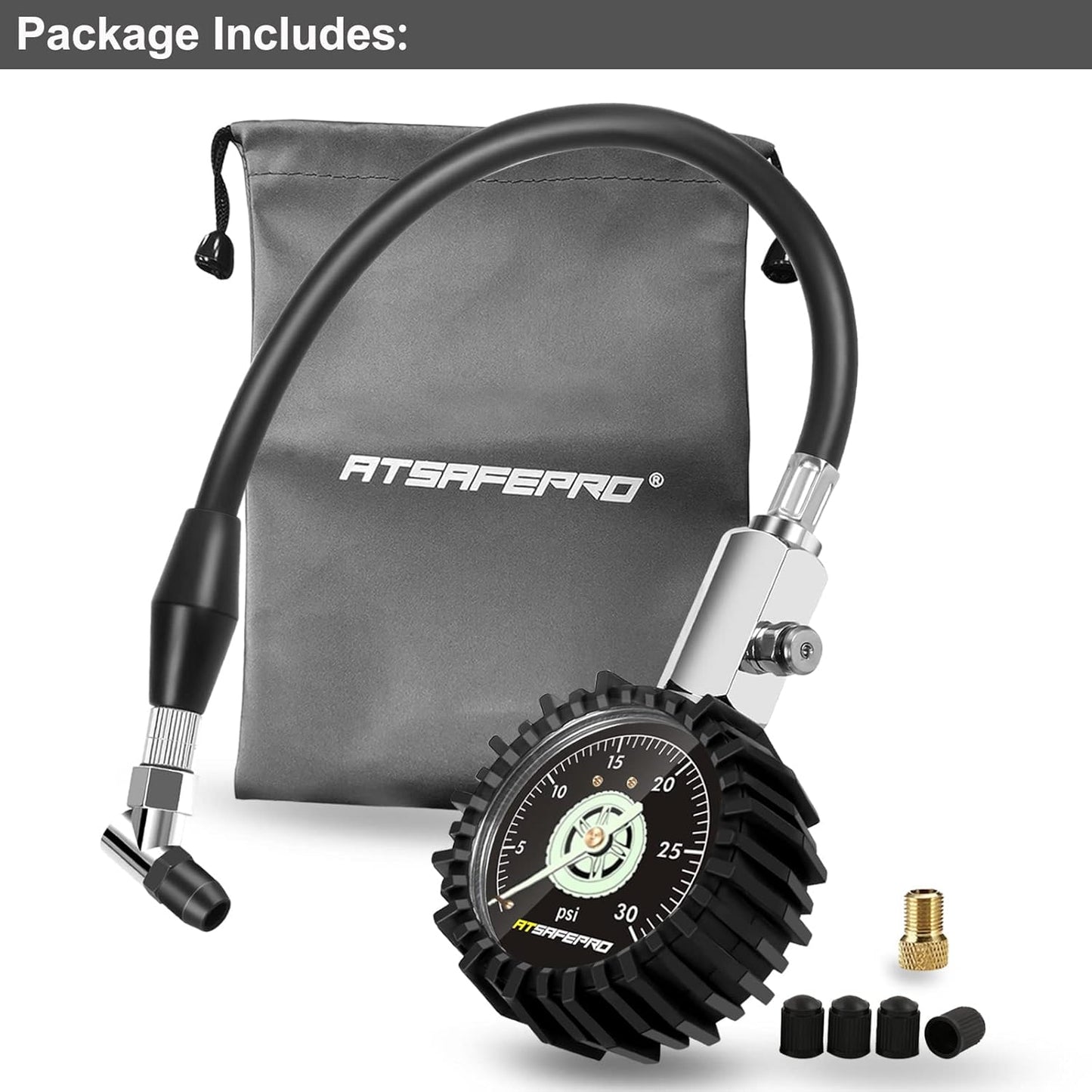 Low Pressure Tire Gauge to 30PSI, 2.5” Mechanical Tire Gauge with Flexible Hose and Angled Chuck, Analog Air Pressure Gauge Glow in the Dark for ATV, off Road, Lawn Mower Etc