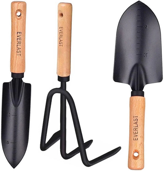 3-Piece Gardening Tool Set Heavy Duty,Succulent Plant Transplant Trowel Set,3 Pcs Garden Tools Set Tools Gift for Mens and Womens,1 Narrow Shovel,1 Wide Shovel and 1 Garden Rake Tools Set