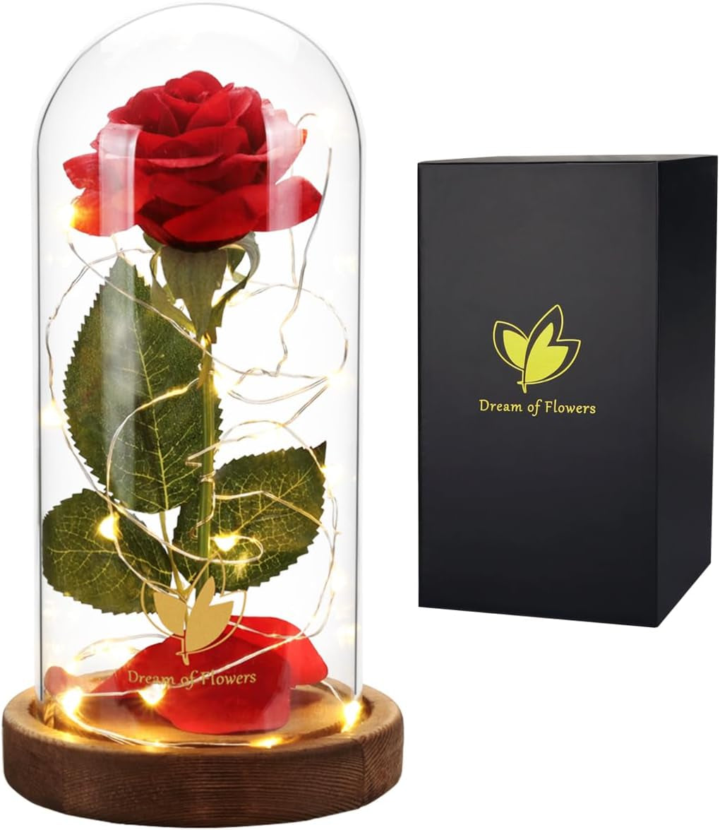 Mothers'Day Gifts for Mom,Beauty and the Beast Rose,Red Rose in Glass Dome with Lights,Mothers Day Flower Gifts for Women Mom Wife Girlfriend on Mothers Day,Anniversary,Birthday Gift for Women