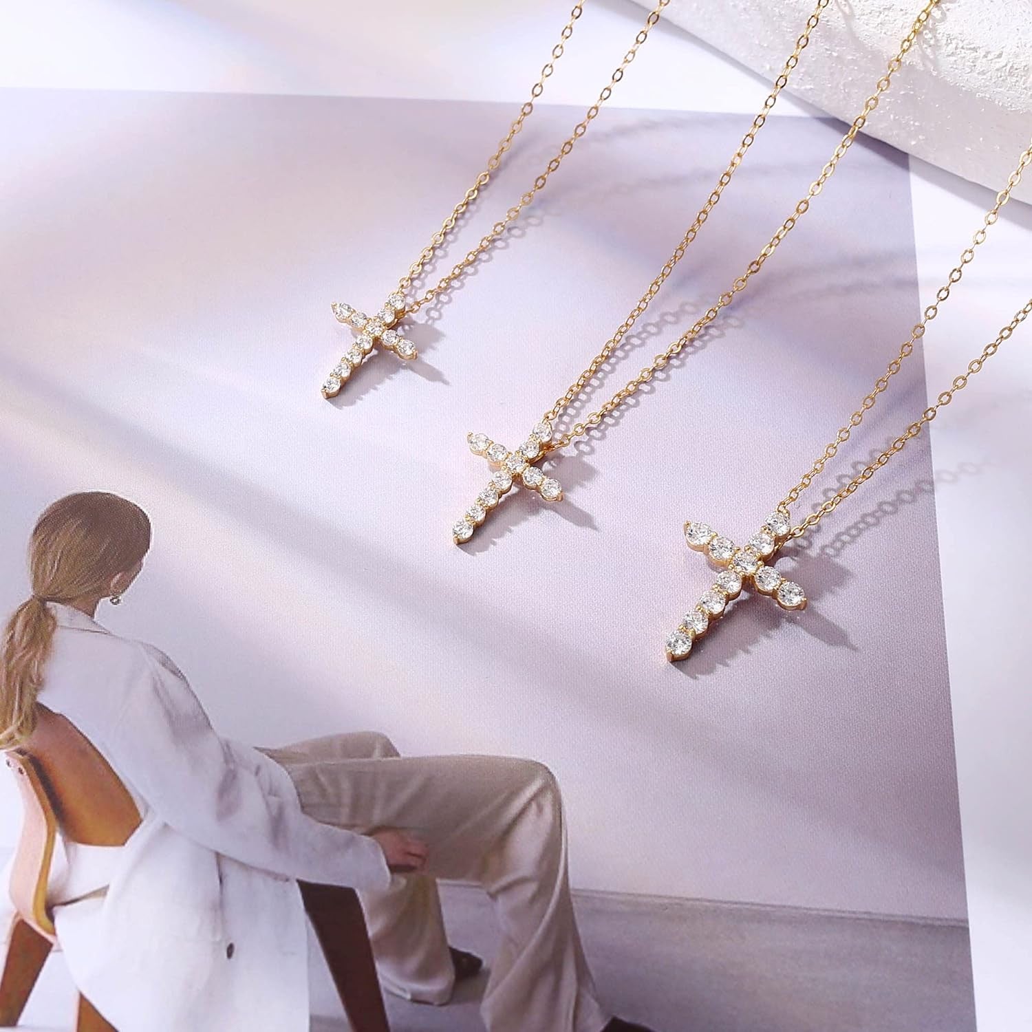 Gold CZ Cross Necklace for Women, 14K Gold Plated Sterling Silver Cross Necklaces Gold Cross Necklaces for Women Cross Pendant Necklaces for Women Gold Jewelry