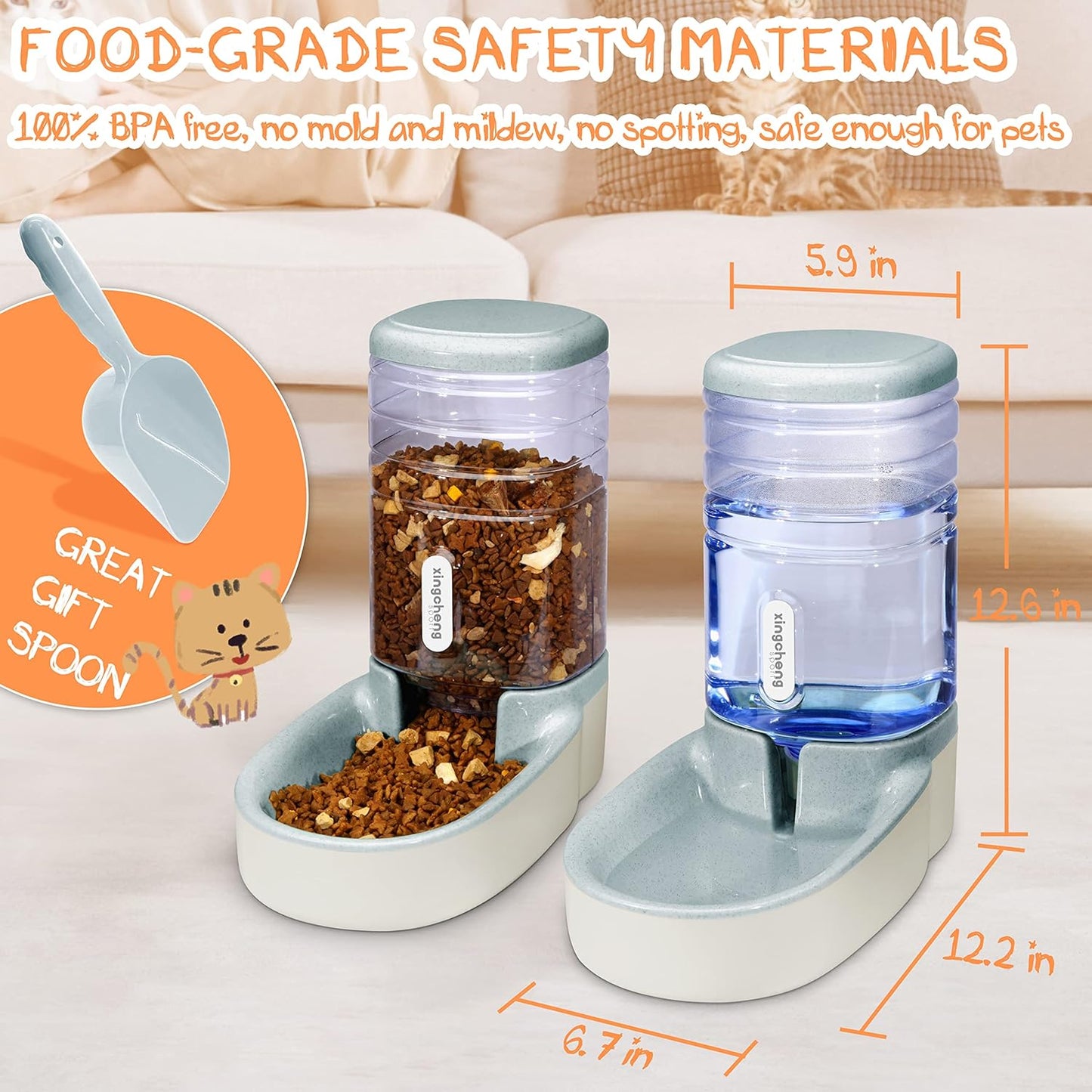 Gravity Automatic Cat Feeder and Water Dispenser - Dog Food and Water Bowl for Small, Medium, and Big Pets - 1 Gallon X 2 (Gray)