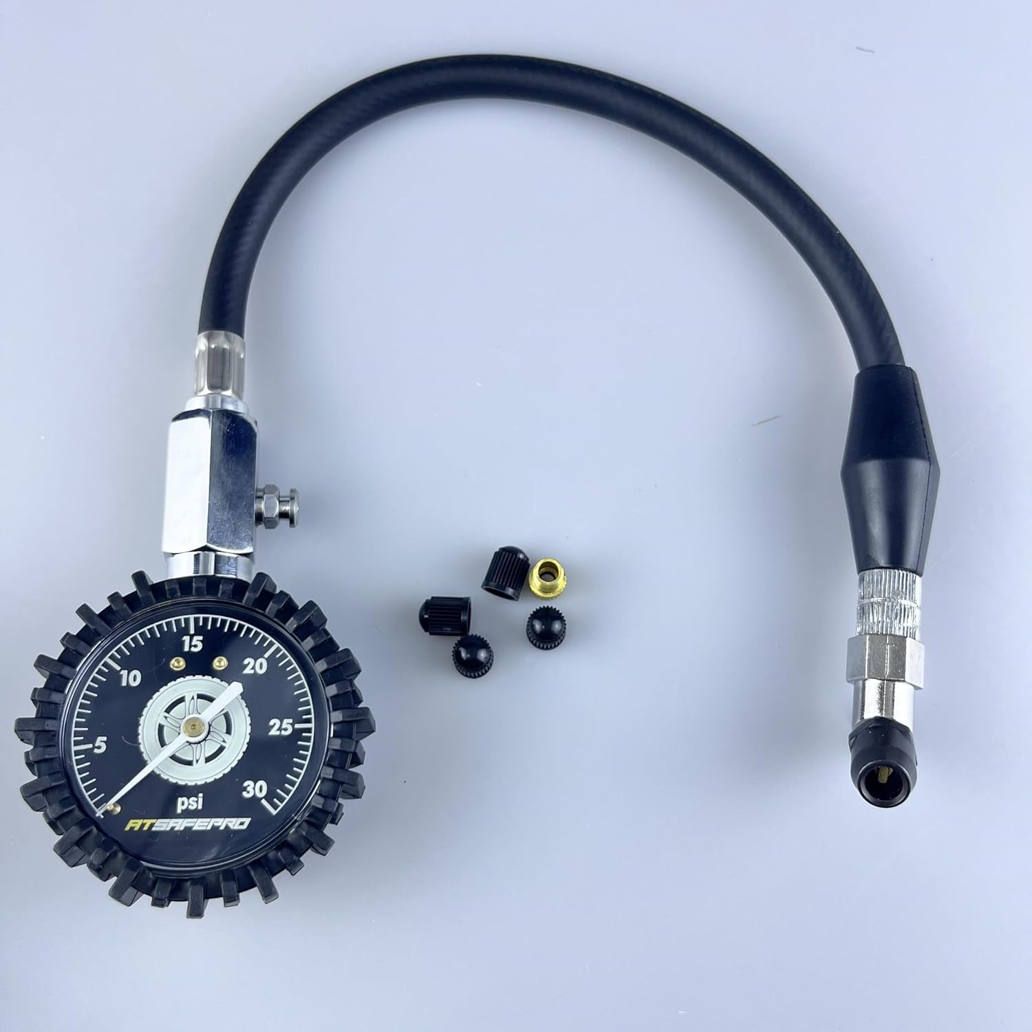 Low Pressure Tire Gauge to 30PSI, 2.5” Mechanical Tire Gauge with Flexible Hose and Angled Chuck, Analog Air Pressure Gauge Glow in the Dark for ATV, off Road, Lawn Mower Etc