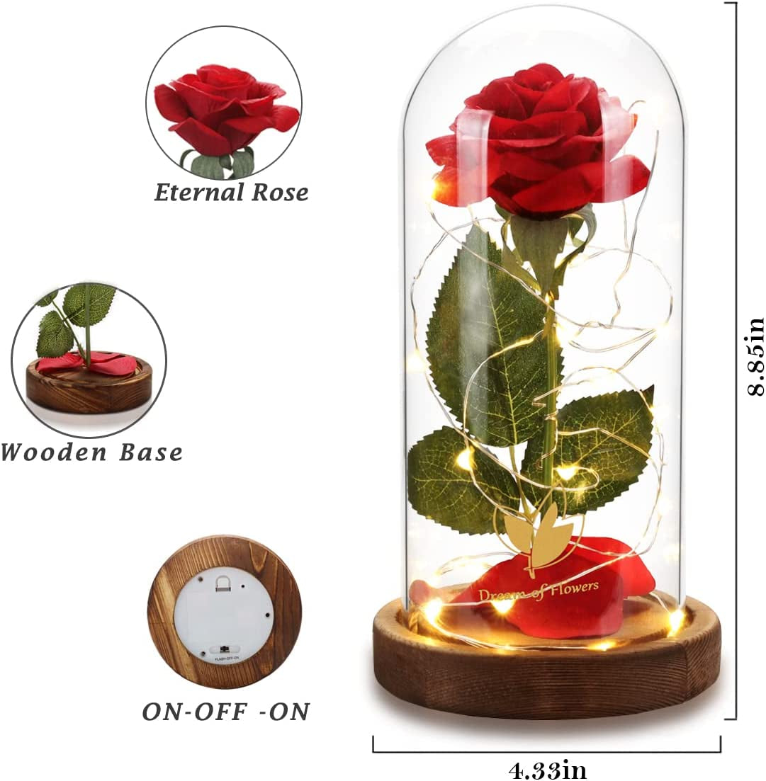 Mothers'Day Gifts for Mom,Beauty and the Beast Rose,Red Rose in Glass Dome with Lights,Mothers Day Flower Gifts for Women Mom Wife Girlfriend on Mothers Day,Anniversary,Birthday Gift for Women