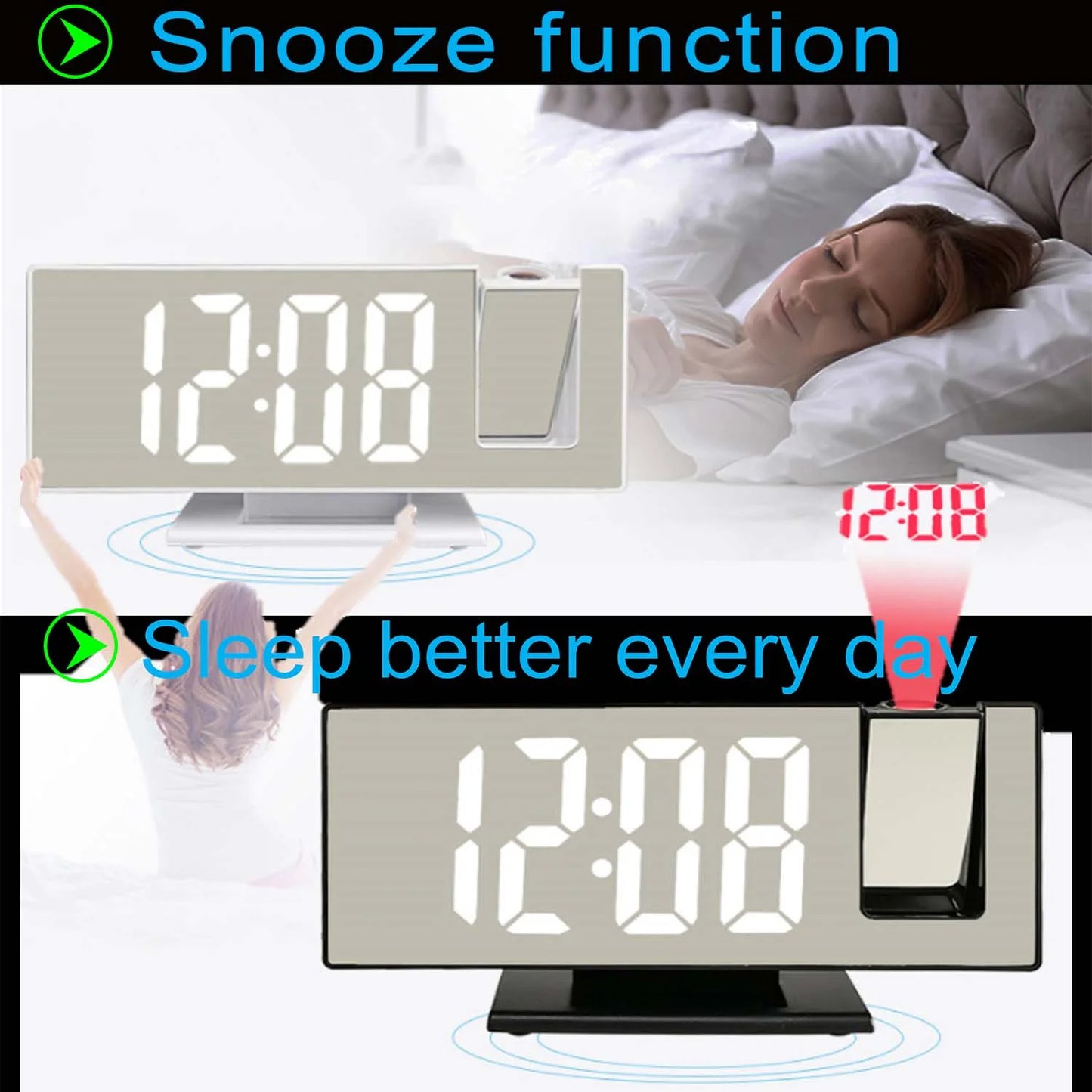 Digital Alarm Clock,Digital Projection Alarm Clock for Bedroom, Large LED Digital Clock with 180° Projector for Bedrooms with USB Charger Port, Loud Electric Alarm Clock for Kids, Adults, Elders