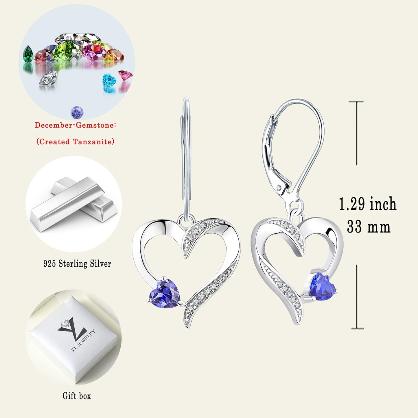 Heart Dangle Earrings 925 Sterling Silver Drop Earrings Birthstone Leverback Jewelry for Women