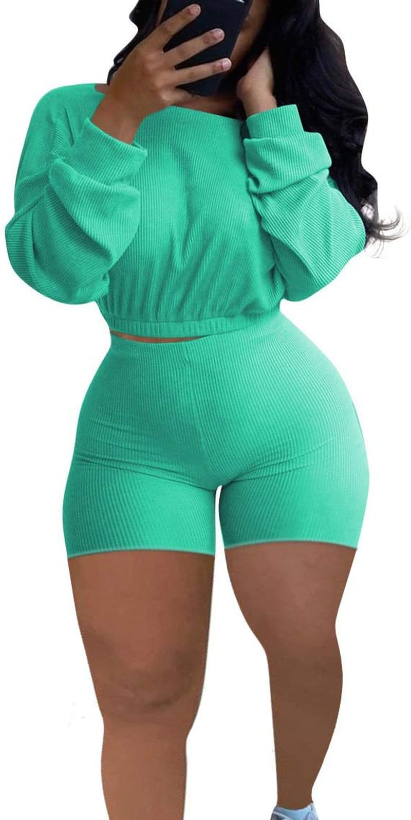 Shorts Sets Women 2 Piece Outfits Ribbed Crop Top High Waist Shorts Sexy Rompers Club Outfit Light Green S