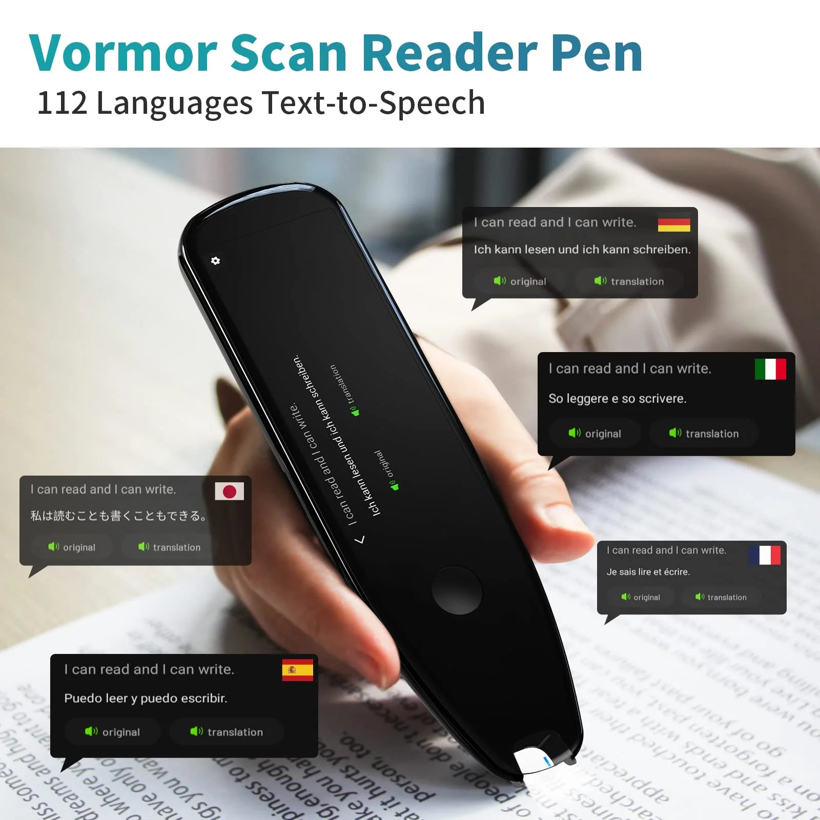 Language Translator Device,Translator Pen Reading Tool for Dyslexia, Reader Pen Translation Scanner Dictionary Pen with Voice & Camera Translators, Portable Translator for Language Learners, Black