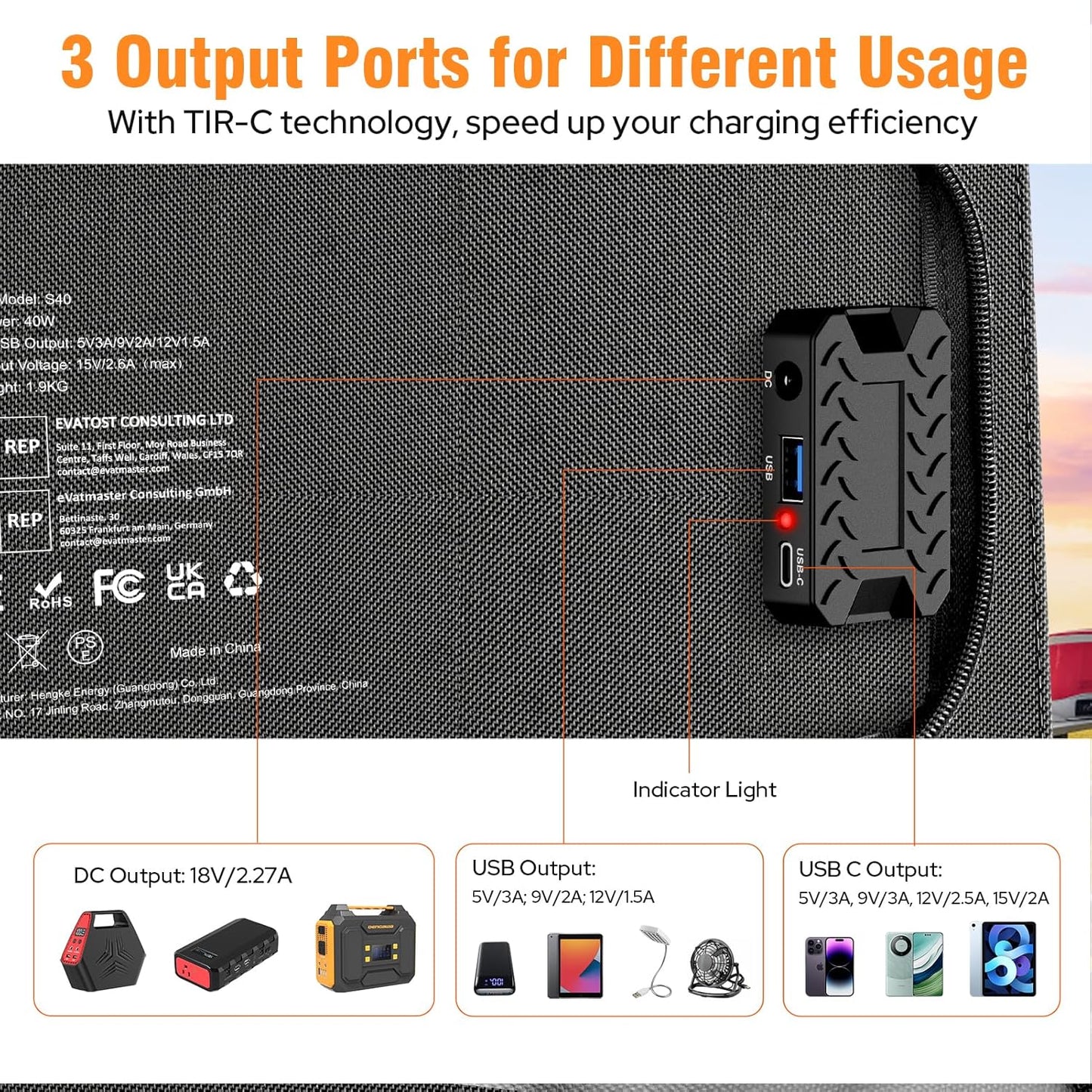 Portable Solar Panel Charger 40W Foldable Solar Panel for Portable Power Station, Iphone, Ipad, Laptop, Camping Solar Panels with USB QC 3.0/USB C/18V DC, Solar Panels for Camping Outdoor Van RV Trip