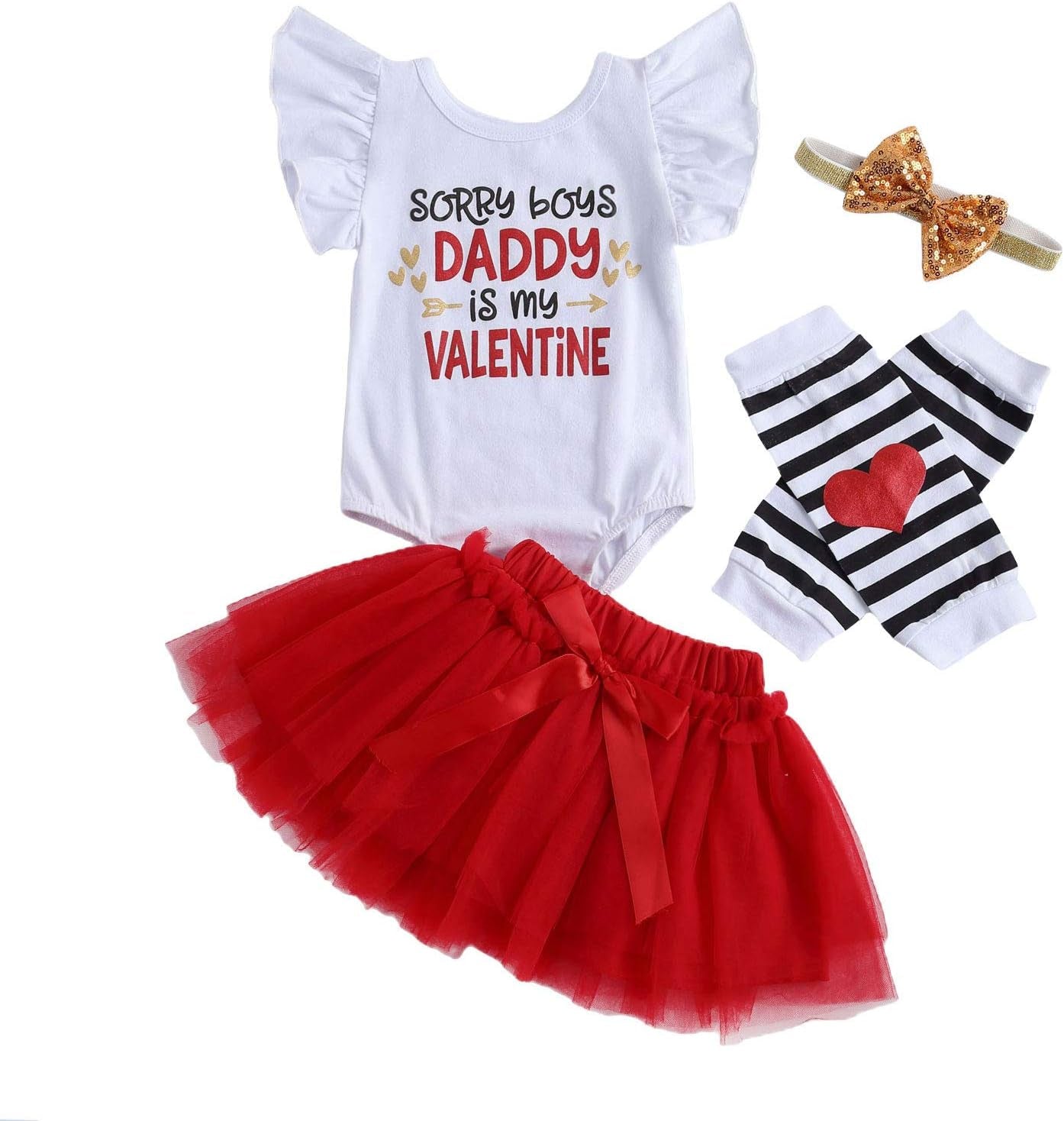 My First Valentine'S Day Baby Girl Outfit Ruffle Romper Bodysuit Tutu Skirt Love Leg Warmer Headband 4Pcs Clothes Set (6-12M, a White Red)