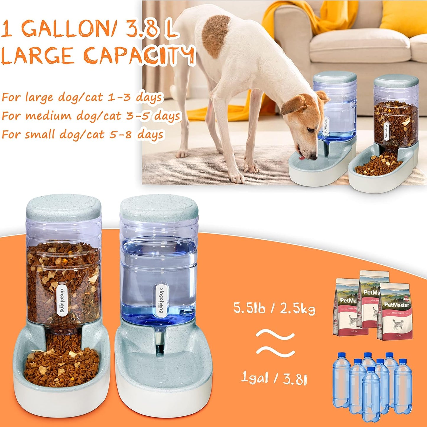 Gravity Automatic Cat Feeder and Water Dispenser - Dog Food and Water Bowl for Small, Medium, and Big Pets - 1 Gallon X 2 (Gray)