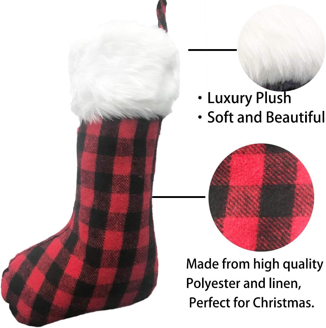 3 Pack 20 Inch Buffalo Plaid Christmas Stockings with Snowy White Faux Fur Hanging Ornaments Black Red Plaid Candy Gift Bags Decorations