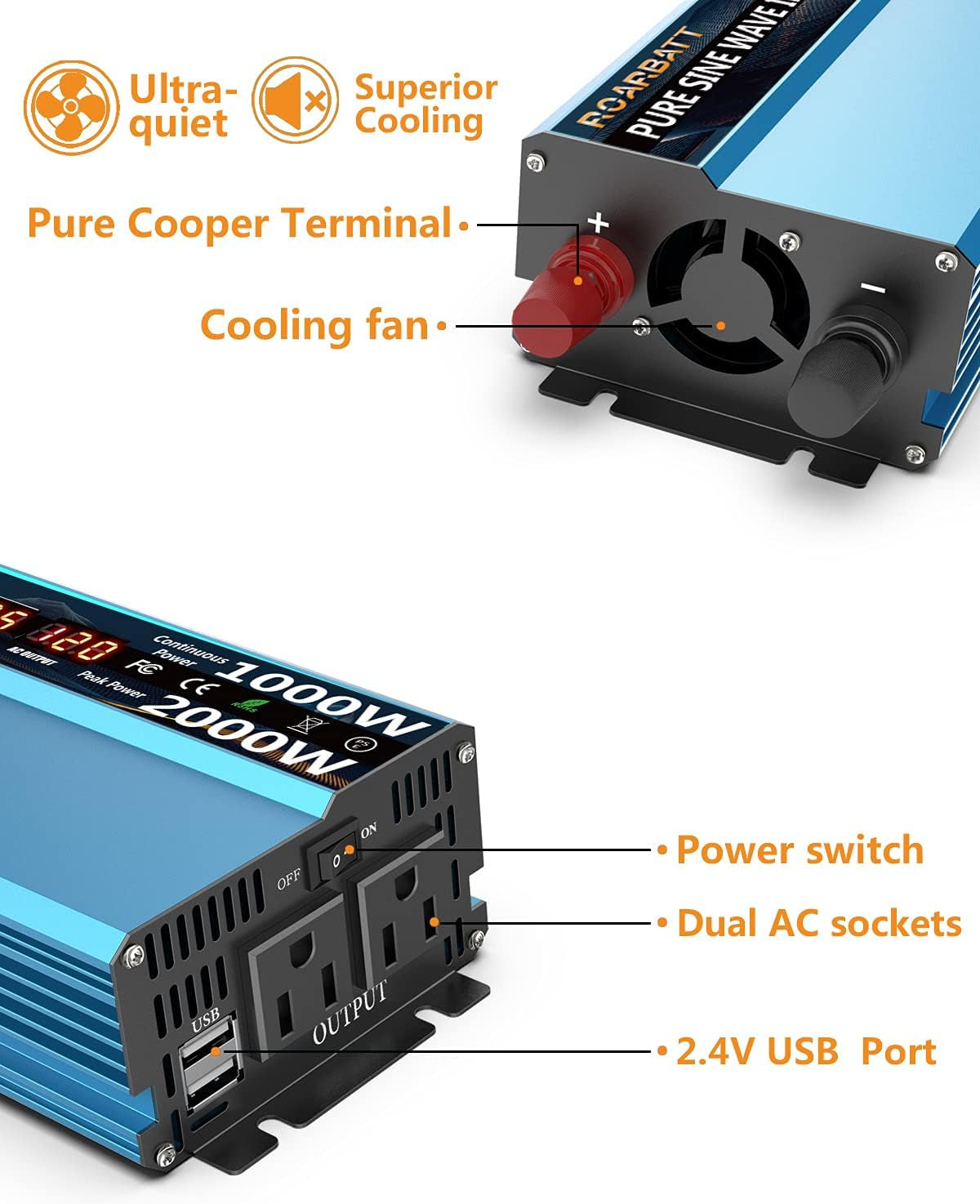 Power Inverters Pure Sine Wave 1000 Watt 12V DC to 110V/120V AC Converter 2 AC Outlets Car Inverter with 3.4A USB Port Cooling Fans and LCD Display