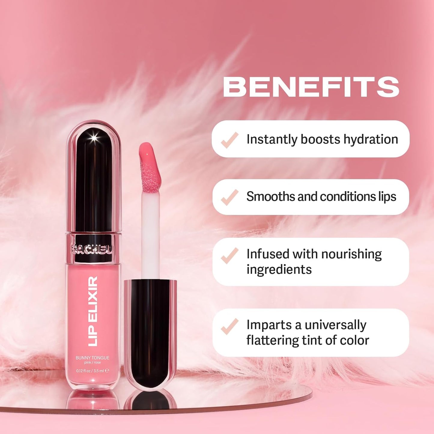 Lip Elixir Nourishing and Hydrating Lipgloss — Moisturizing Plumping Lip Gloss Enriched with Collagen, Non-Sticky Lip Color Smooth High-Shine Finish, Vegan & Cruelty-Free, Bunny Tongue (Pink)