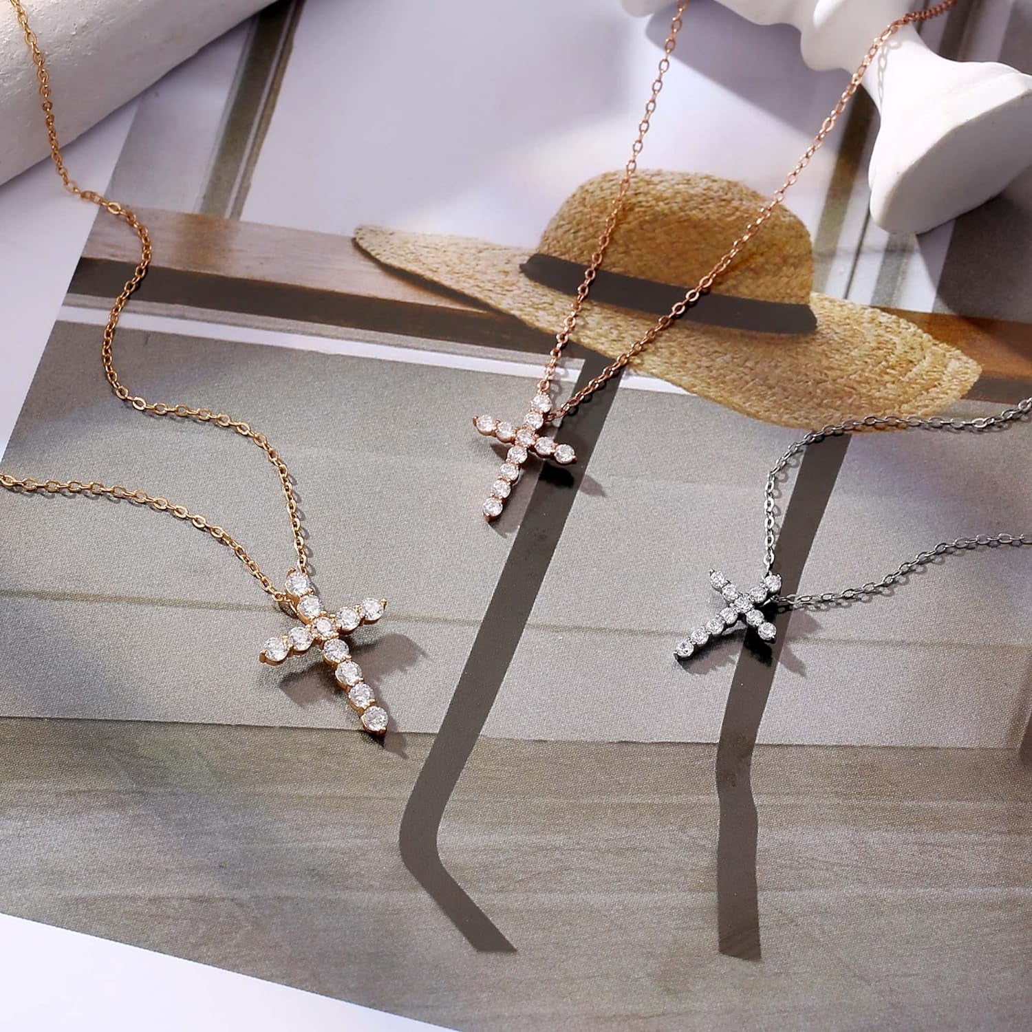 Gold CZ Cross Necklace for Women, 14K Gold Plated Sterling Silver Cross Necklaces Gold Cross Necklaces for Women Cross Pendant Necklaces for Women Gold Jewelry