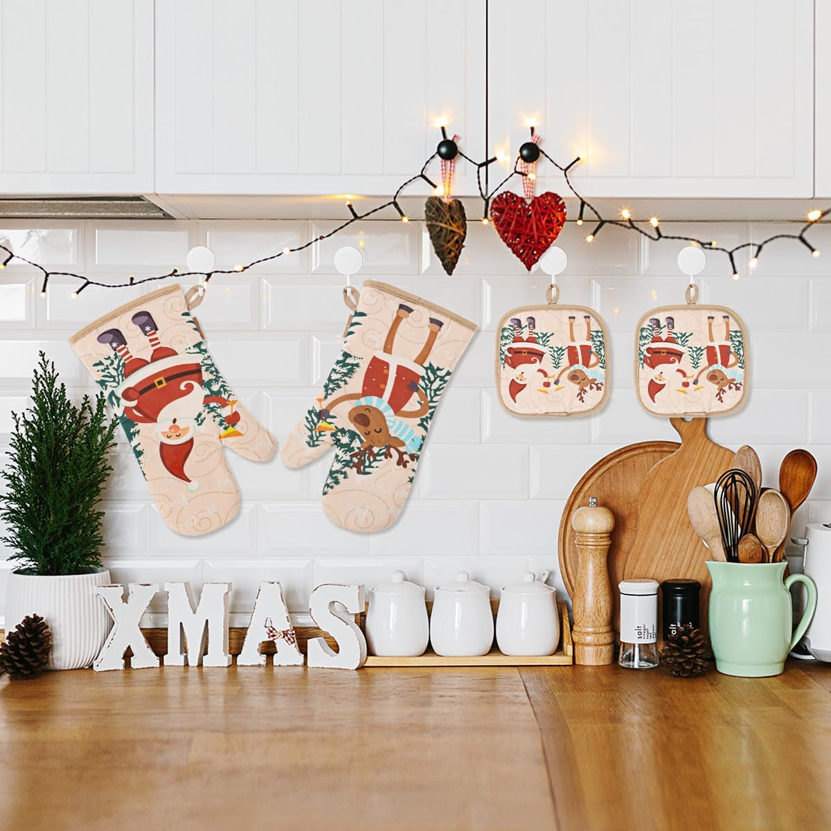 Cute Christmas Oven Mitt, 5PCS Merry Christmas Oven Mitts and Pot Holders Sets, Heat Resistant Oven Gloves and Pot Holders, Oven Mitt & Pot Holder for Christmas Kitchen Cooking Baking