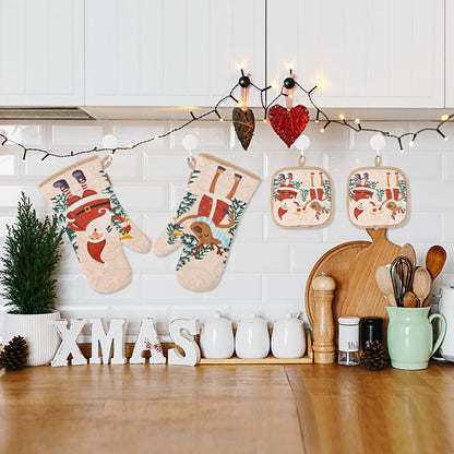 Cute Christmas Oven Mitt, 5PCS Merry Christmas Oven Mitts and Pot Holders Sets, Heat Resistant Oven Gloves and Pot Holders, Oven Mitt & Pot Holder for Christmas Kitchen Cooking Baking