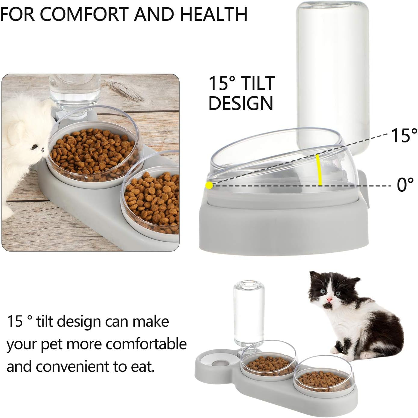 Triple Dog Cat Bowls Automatic Pet Feeder 15°Tilt and 360°Rotatable Double Food Bowl with Automatic Water Bottle Bowl Detachable Small and Medium Dogs and Cats Use (Grey)