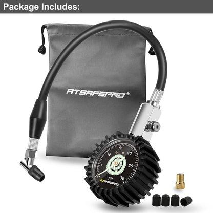 Low Pressure Tire Gauge to 30PSI, 2.5” Mechanical Tire Gauge with Flexible Hose and Angled Chuck, Analog Air Pressure Gauge Glow in the Dark for ATV, off Road, Lawn Mower Etc