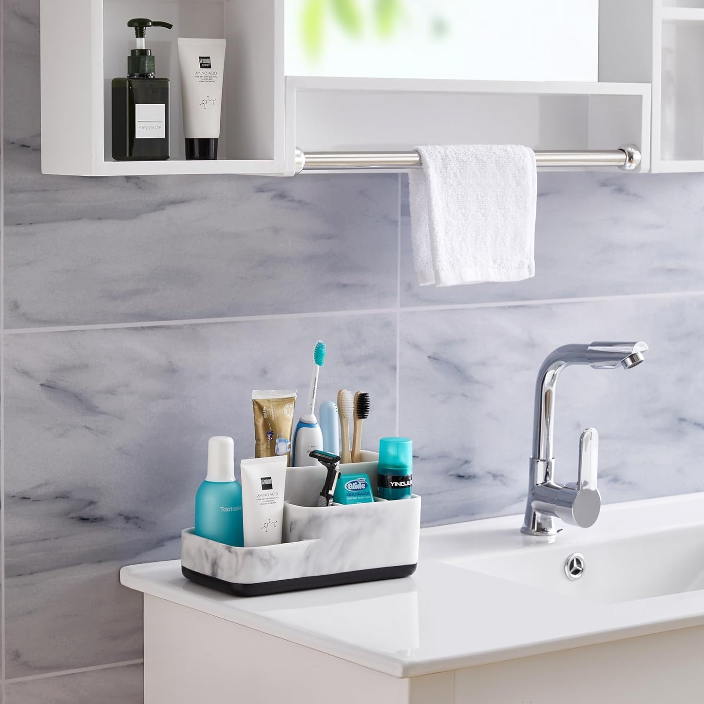 Toothbrush Holder Organizer - Multi-Functional Bathroom Storage for Makeup, Skincare, and Accessories - White Marble Look Countertop Organizer for Sink and Vanity Spaces