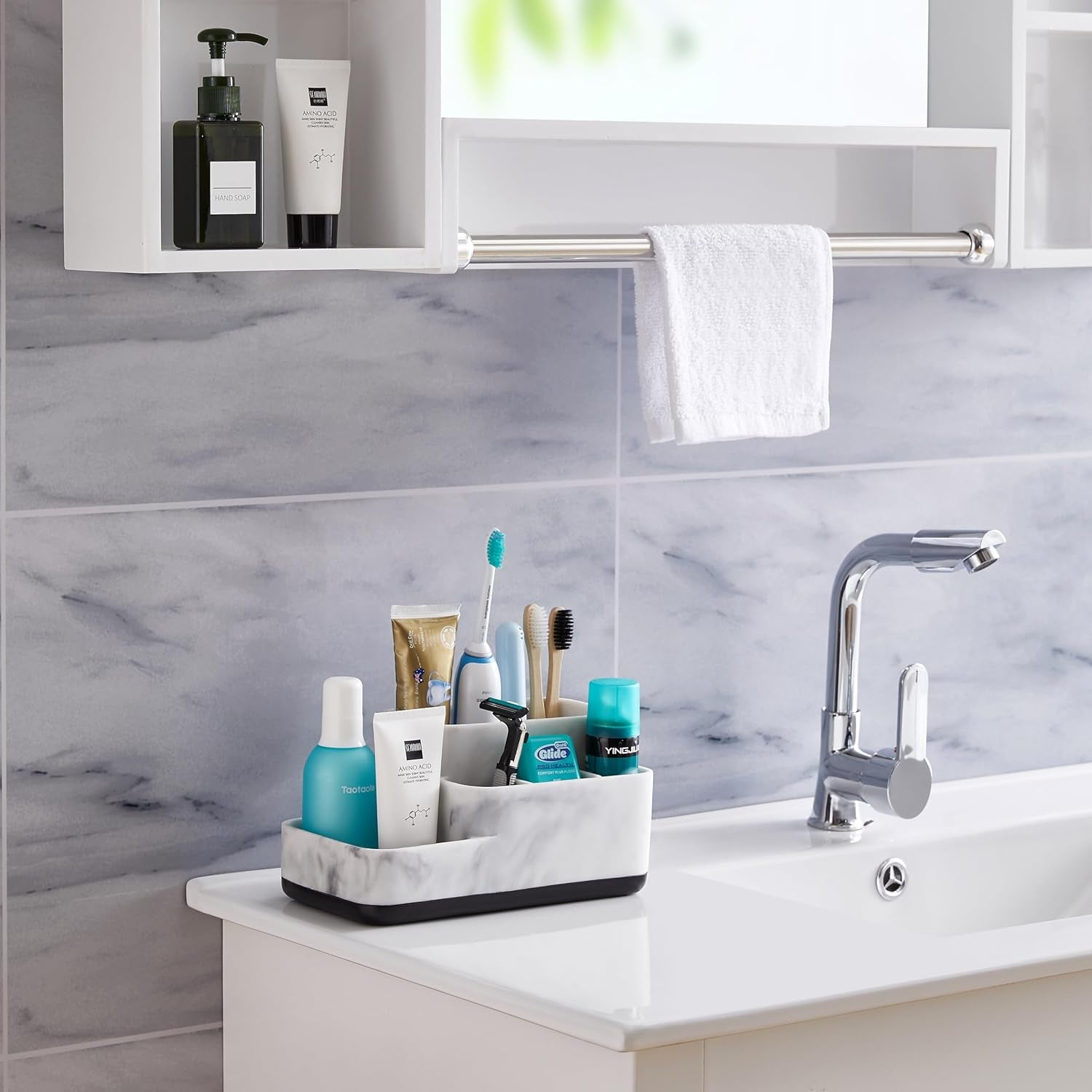 Toothbrush Holder Organizer - Multi-Functional Bathroom Storage for Makeup, Skincare, and Accessories - White Marble Look Countertop Organizer for Sink and Vanity Spaces