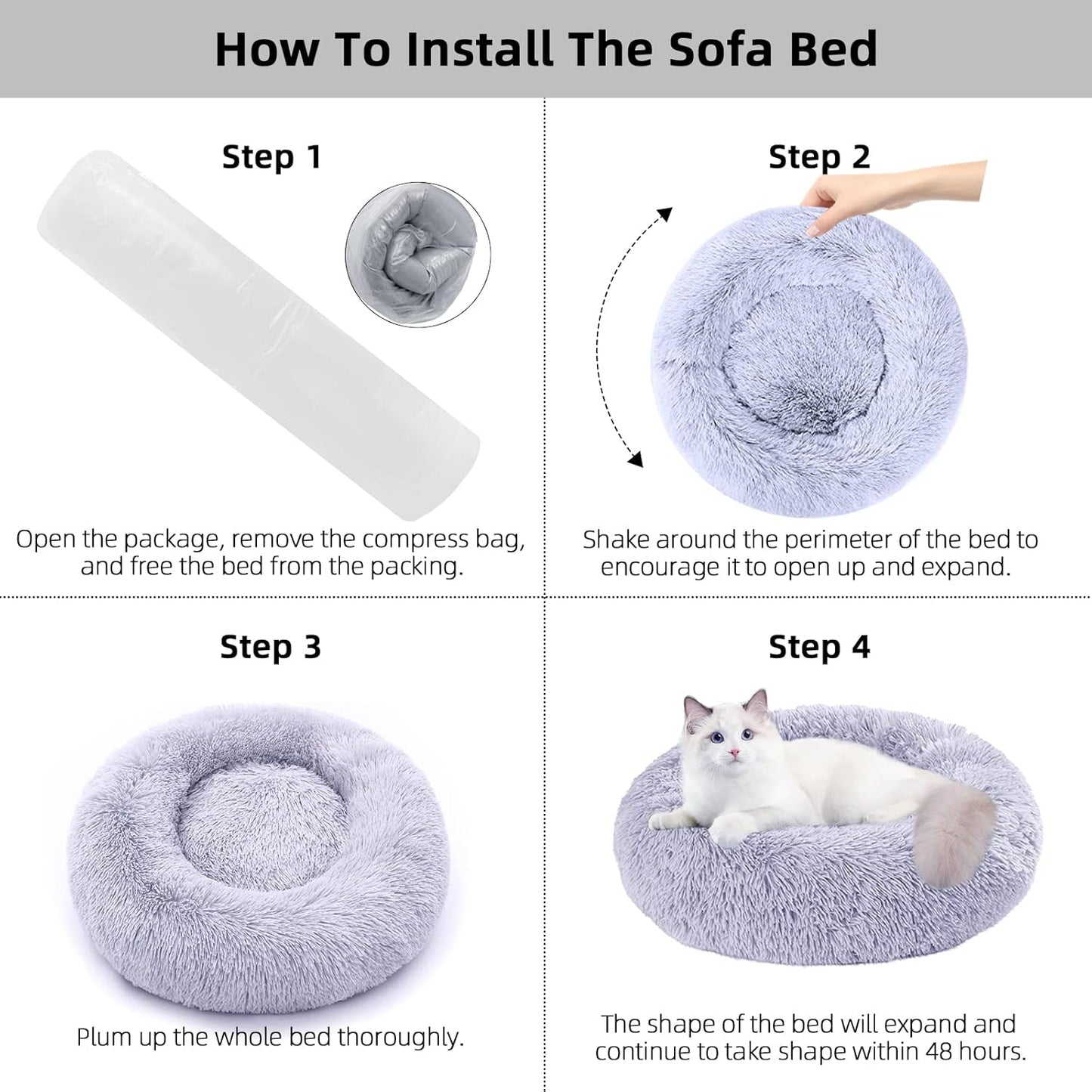 Cat Beds for Indoor Cats, 24 Inch round Donut Washable Cat Bed, Fluffy Calming Self Warming Soft Donut Cuddler Cushion Pet Bed for Dogs and Kittens,Non-Slip