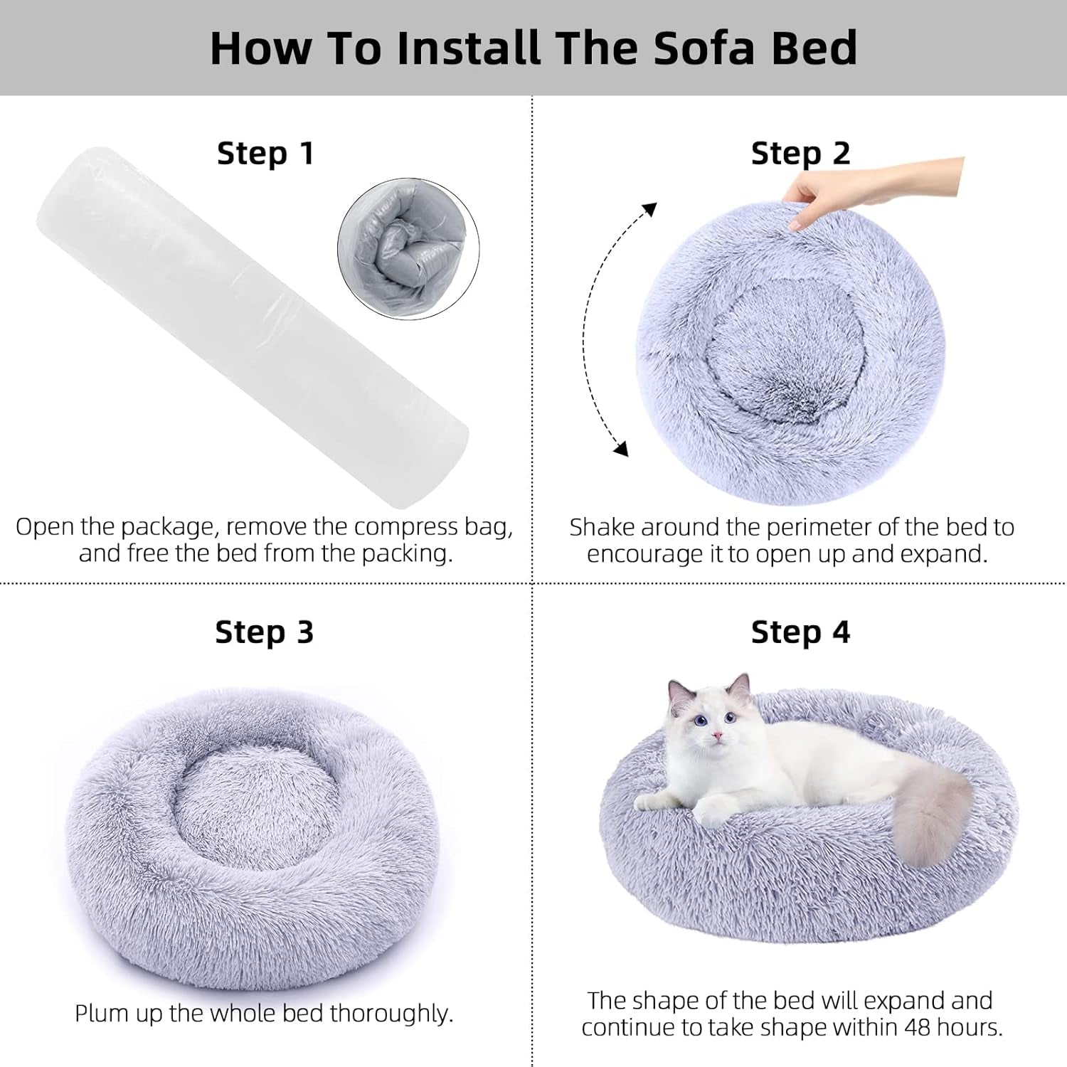 Cat Beds for Indoor Cats, 24 Inch round Donut Washable Cat Bed, Fluffy Calming Self Warming Soft Donut Cuddler Cushion Pet Bed for Dogs and Kittens,Non-Slip