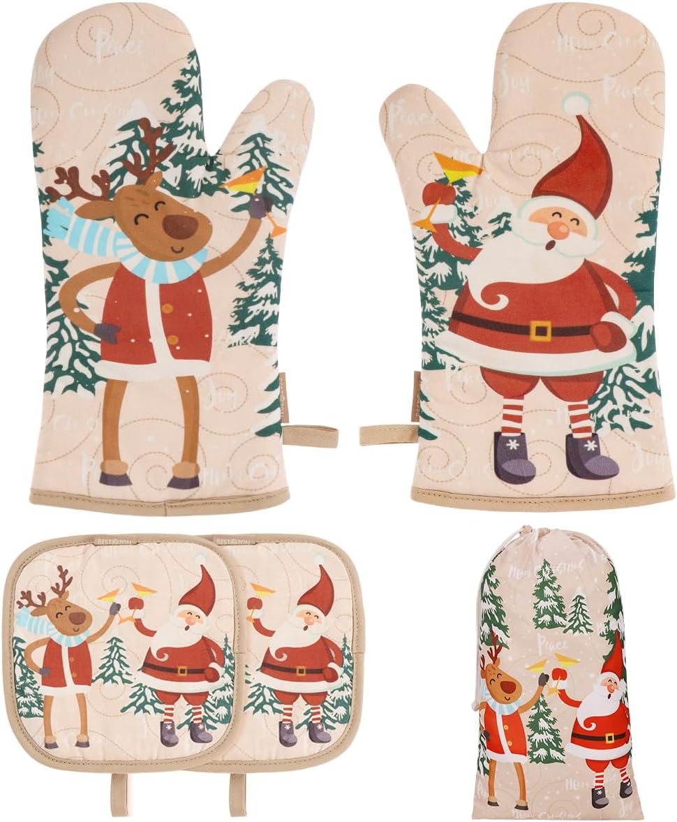 Cute Christmas Oven Mitt, 5PCS Merry Christmas Oven Mitts and Pot Holders Sets, Heat Resistant Oven Gloves and Pot Holders, Oven Mitt & Pot Holder for Christmas Kitchen Cooking Baking