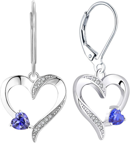 Heart Dangle Earrings 925 Sterling Silver Drop Earrings Birthstone Leverback Jewelry for Women