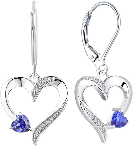Heart Dangle Earrings 925 Sterling Silver Drop Earrings Birthstone Leverback Jewelry for Women