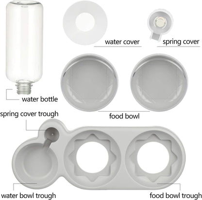 Triple Dog Cat Bowls Automatic Pet Feeder 15°Tilt and 360°Rotatable Double Food Bowl with Automatic Water Bottle Bowl Detachable Small and Medium Dogs and Cats Use (Grey)