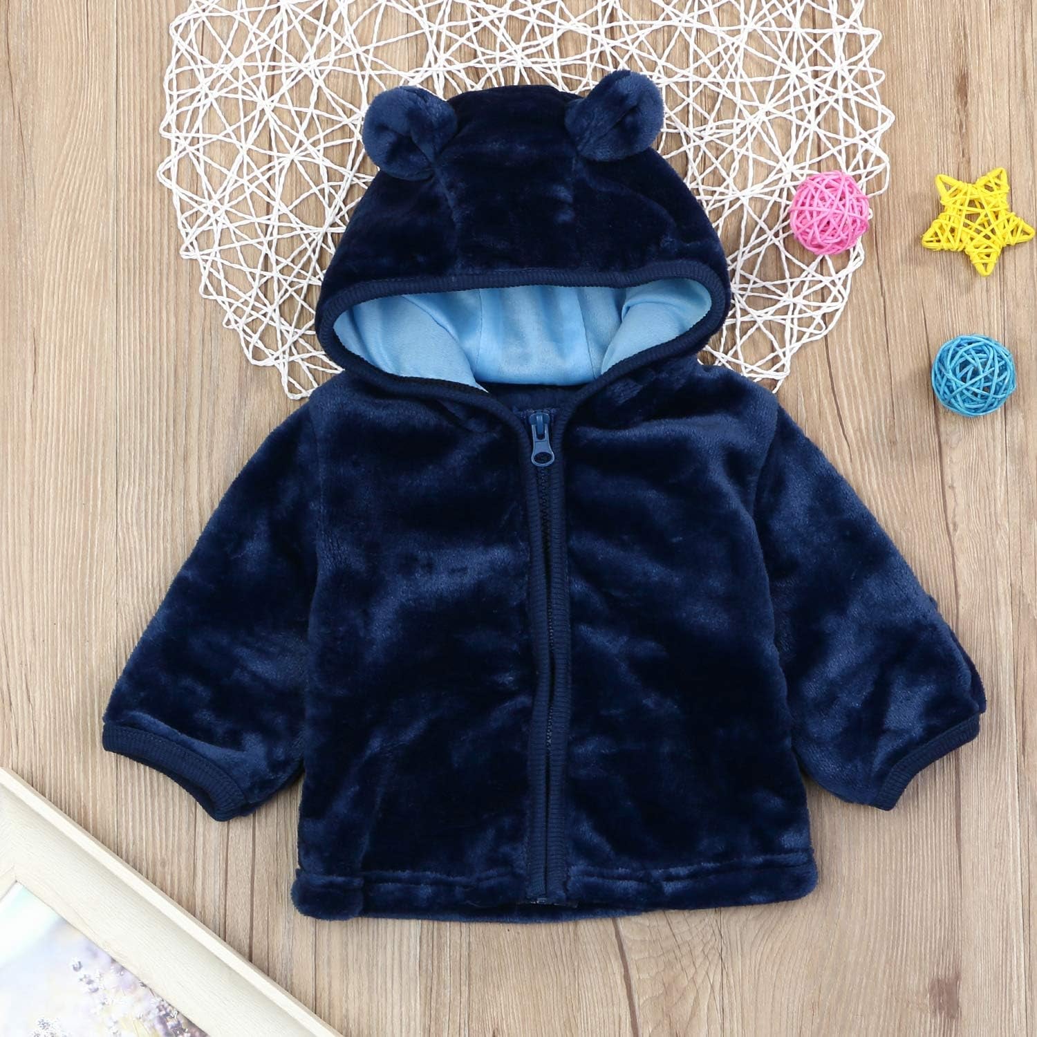 Infant Baby Boys Girls Fleece Ears Hat with Lined Hooded Zipper up Jacket Coat Tops Outwear Overcoat Warm Fall Winte