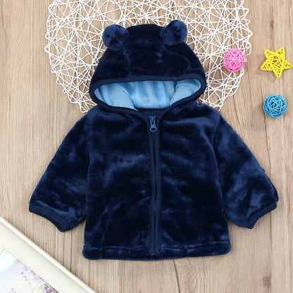 Infant Baby Boys Girls Fleece Ears Hat with Lined Hooded Zipper up Jacket Coat Tops Outwear Overcoat Warm Fall Winte