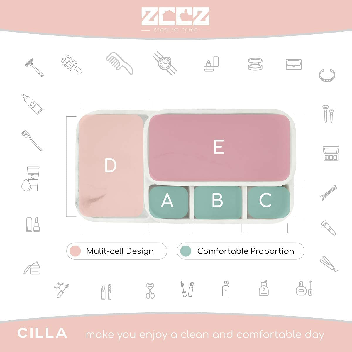 Toothbrush Holder Organizer - Multi-Functional Bathroom Storage for Makeup, Skincare, and Accessories - White Marble Look Countertop Organizer for Sink and Vanity Spaces