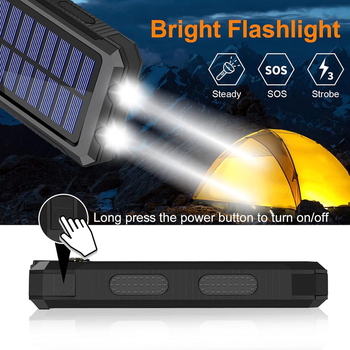 Solar Charger Power Bank, 38800Mah Portable Charger Fast Charger Dual USB Port Built-In Led Flashlight and Compass for All Cell Phone and Electronic Devices Black