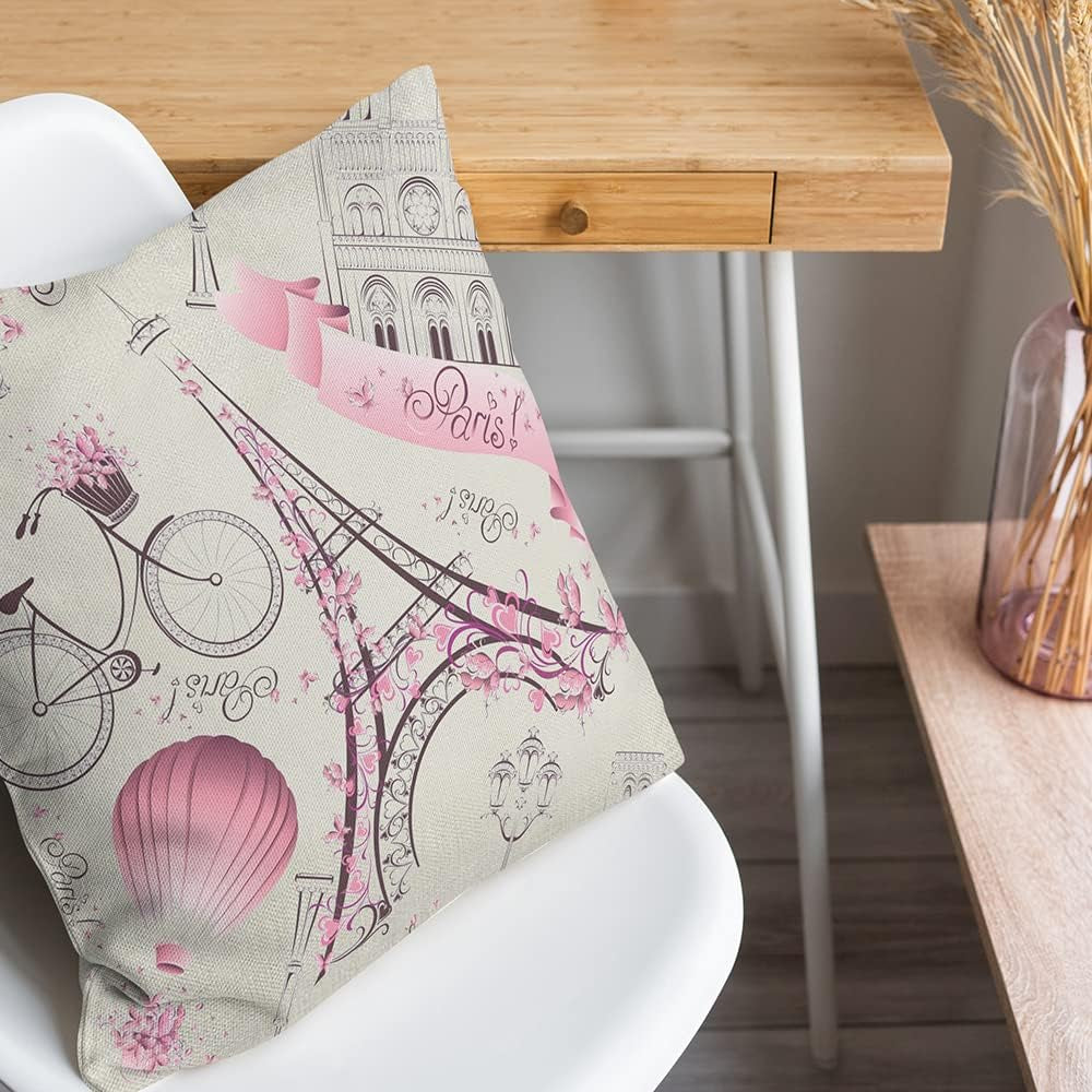 Unibedding Paris Eiffel Throw Pillow Covers Decorative Lover Theme Romantic Girls Room Cushion Covers Fall Decoration Christmas Holiday Decor, 2 Pack Pink