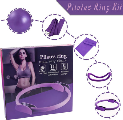 5 Pcs Pilates Ring Set 14" Yoga Fitness Magic Circle Pilates Equipment for Home Workouts Include Ball,Stretching Strap,Extension Strap and Training Ring for Fitness Kit