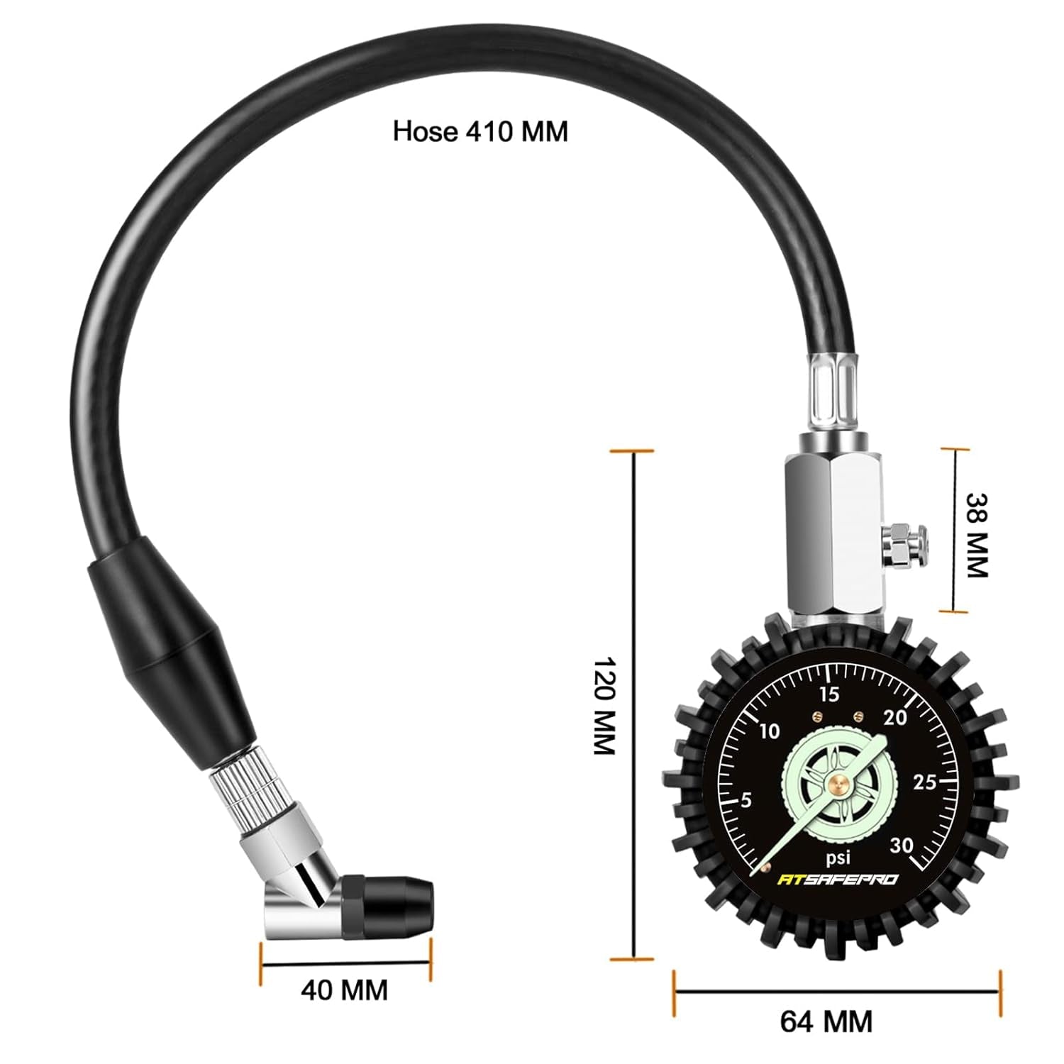 Low Pressure Tire Gauge to 30PSI, 2.5” Mechanical Tire Gauge with Flexible Hose and Angled Chuck, Analog Air Pressure Gauge Glow in the Dark for ATV, off Road, Lawn Mower Etc