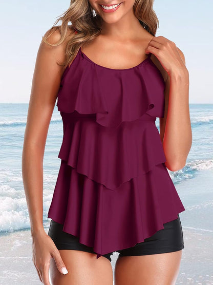 Women 2 Piece Flounce Sunflower Printed Top with Boyshorts Tankini Swimsuits Purple L