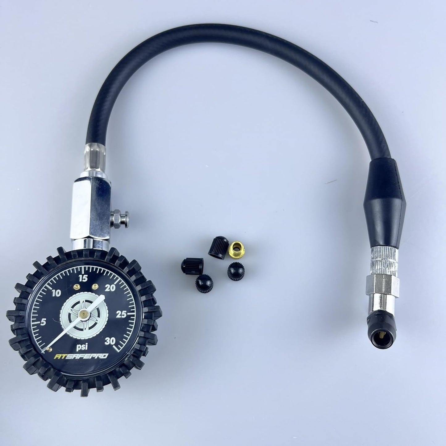 Low Pressure Tire Gauge to 30PSI, 2.5” Mechanical Tire Gauge with Flexible Hose and Angled Chuck, Analog Air Pressure Gauge Glow in the Dark for ATV, off Road, Lawn Mower Etc