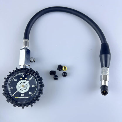 Low Pressure Tire Gauge to 30PSI, 2.5” Mechanical Tire Gauge with Flexible Hose and Angled Chuck, Analog Air Pressure Gauge Glow in the Dark for ATV, off Road, Lawn Mower Etc