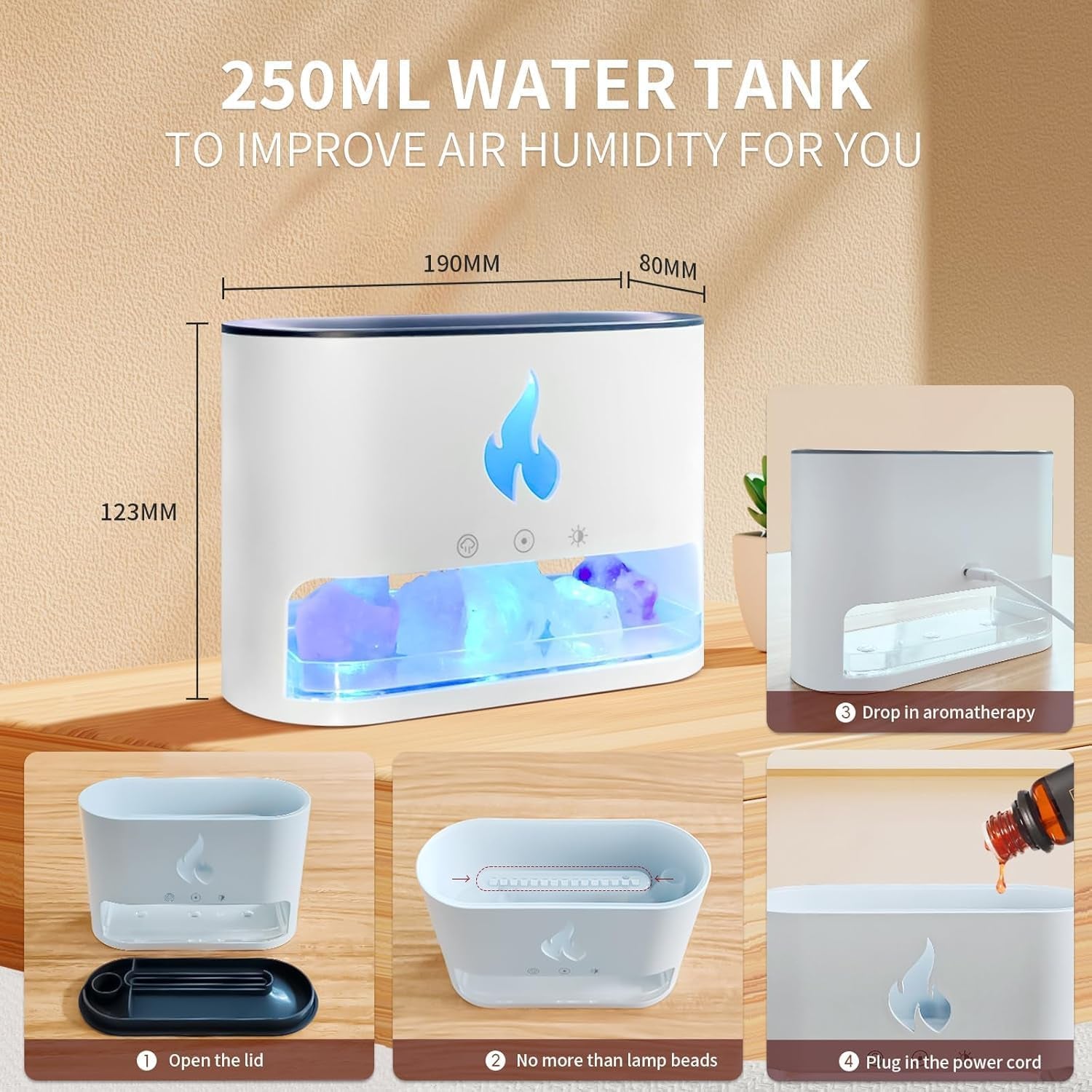 Flame Salt Lamp Diffusers Humidifier for Bedroom, Colorful Aromatherapy Essential Oil Diffuser, Fire Air Aroma Humidifier with Timer for Home,Desktop,Office,Yoga (White,250Ml)