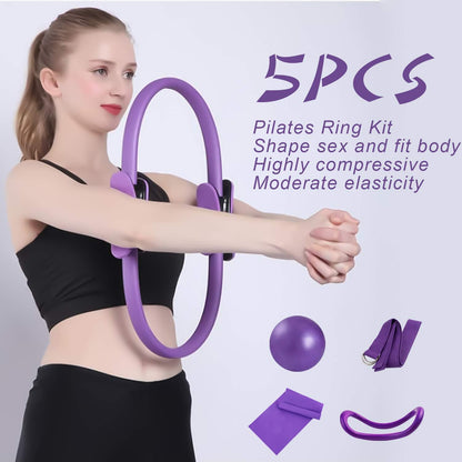 5 Pcs Pilates Ring Set 14" Yoga Fitness Magic Circle Pilates Equipment for Home Workouts Include Ball,Stretching Strap,Extension Strap and Training Ring for Fitness Kit