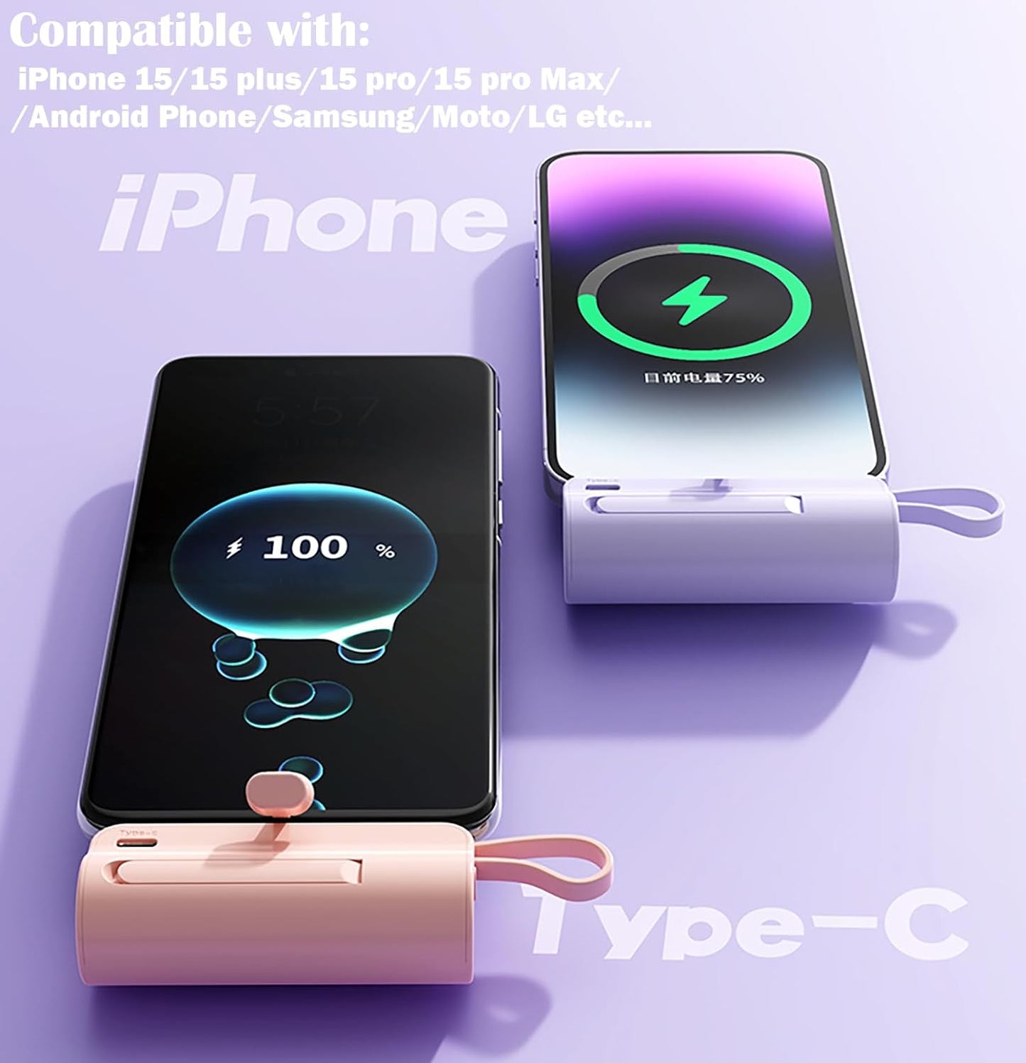 Mini Power Bank 5500Mah Portable Power Bank,Dual USB-C Ports Cell Phone Power Charger, LCD LED Display Battery Compatible with Iphone 16/15 Plus/15 Pro/15 Pro Max/Android Phone/Samsung/Moto/Lg Etc