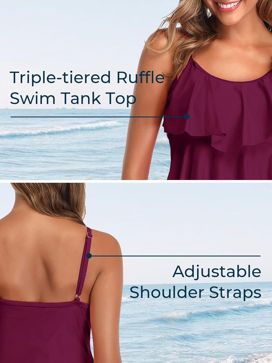 Women 2 Piece Flounce Sunflower Printed Top with Boyshorts Tankini Swimsuits Purple L