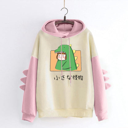 Dinosaur Cute Hoodies for Teen Girls Womens Dino Cartoon Graphic Hooded Sweatshirt Animal Kawaii Long Sleeve Pullover Tops Anime Splice Hoody Funny Monster Stitching Korean Print Tee Shirt Jacket