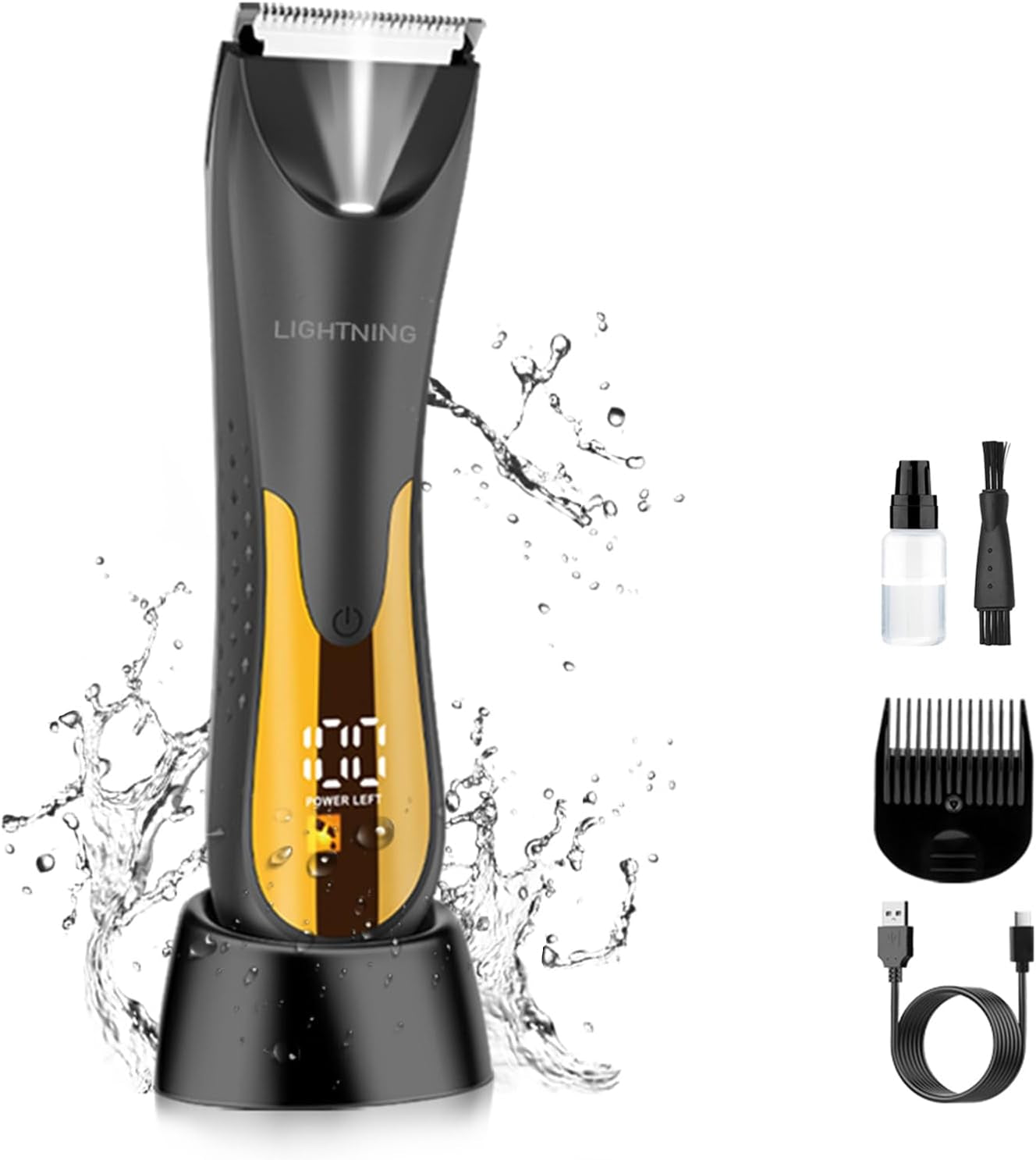 LIHTNING Beard Trimmer for Men, Rechargeable Shavers for Men, Electric Razor for Men, Waterproof Groin Hair Trimmer Body Trimmer, Pubic Hair Trimmer with Standing Recharge Dock(Golden)