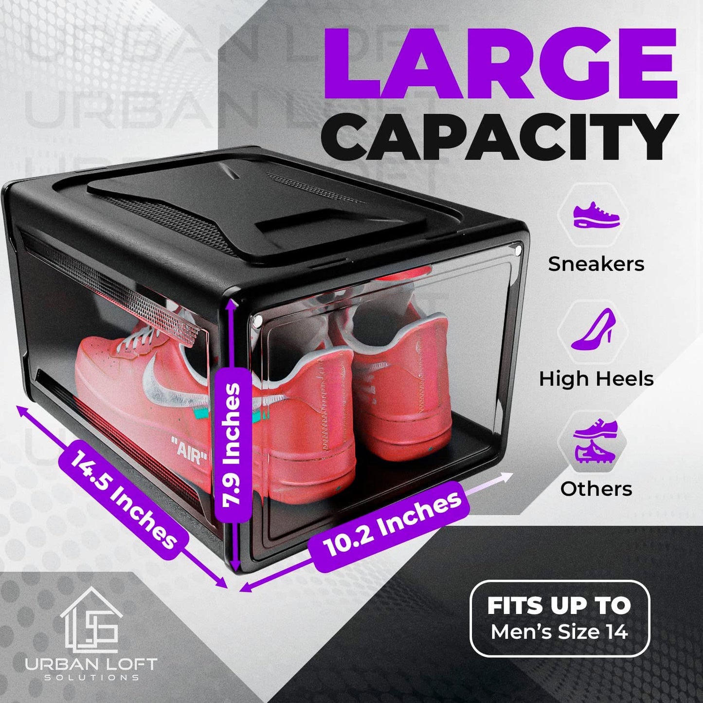 Urban Loft Premium Acrylic Shoe Boxes Stackable,Clear Shoe Organizer for Closet-Pack of 3| Large Sneaker Storage Box | Sneaker Clear Shoe Case for Sneakerheads with Drop Lid Shoe Display Case, Black