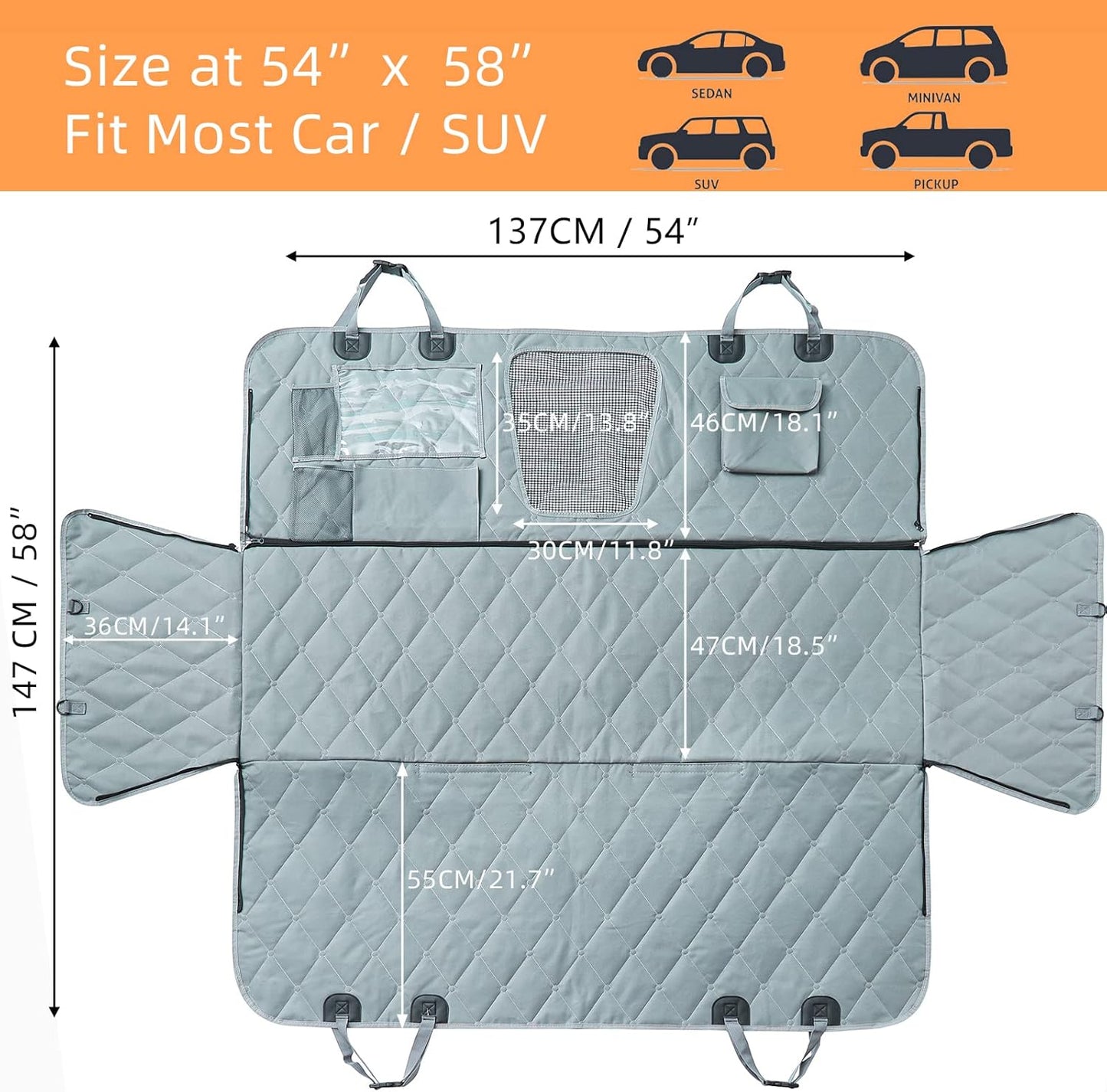 Car Seat Covers Backseat - Dog Hammock - Car Seat Cover for Back Seat SUV with Mesh Window Multiple Pockets Zipper Flap Nonslip Rubber Back Washable Material