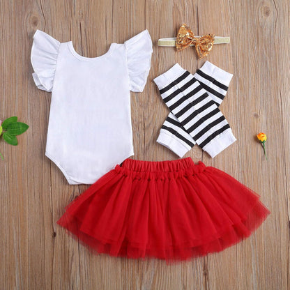 My First Valentine'S Day Baby Girl Outfit Ruffle Romper Bodysuit Tutu Skirt Love Leg Warmer Headband 4Pcs Clothes Set (6-12M, a White Red)