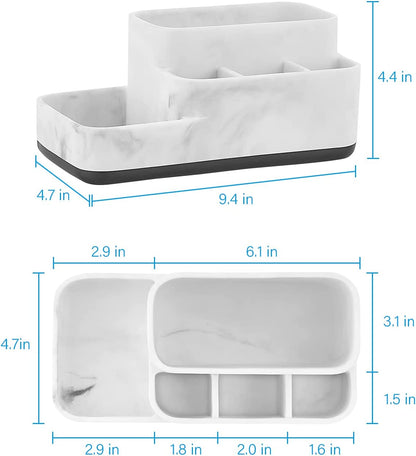 Toothbrush Holder Organizer - Multi-Functional Bathroom Storage for Makeup, Skincare, and Accessories - White Marble Look Countertop Organizer for Sink and Vanity Spaces